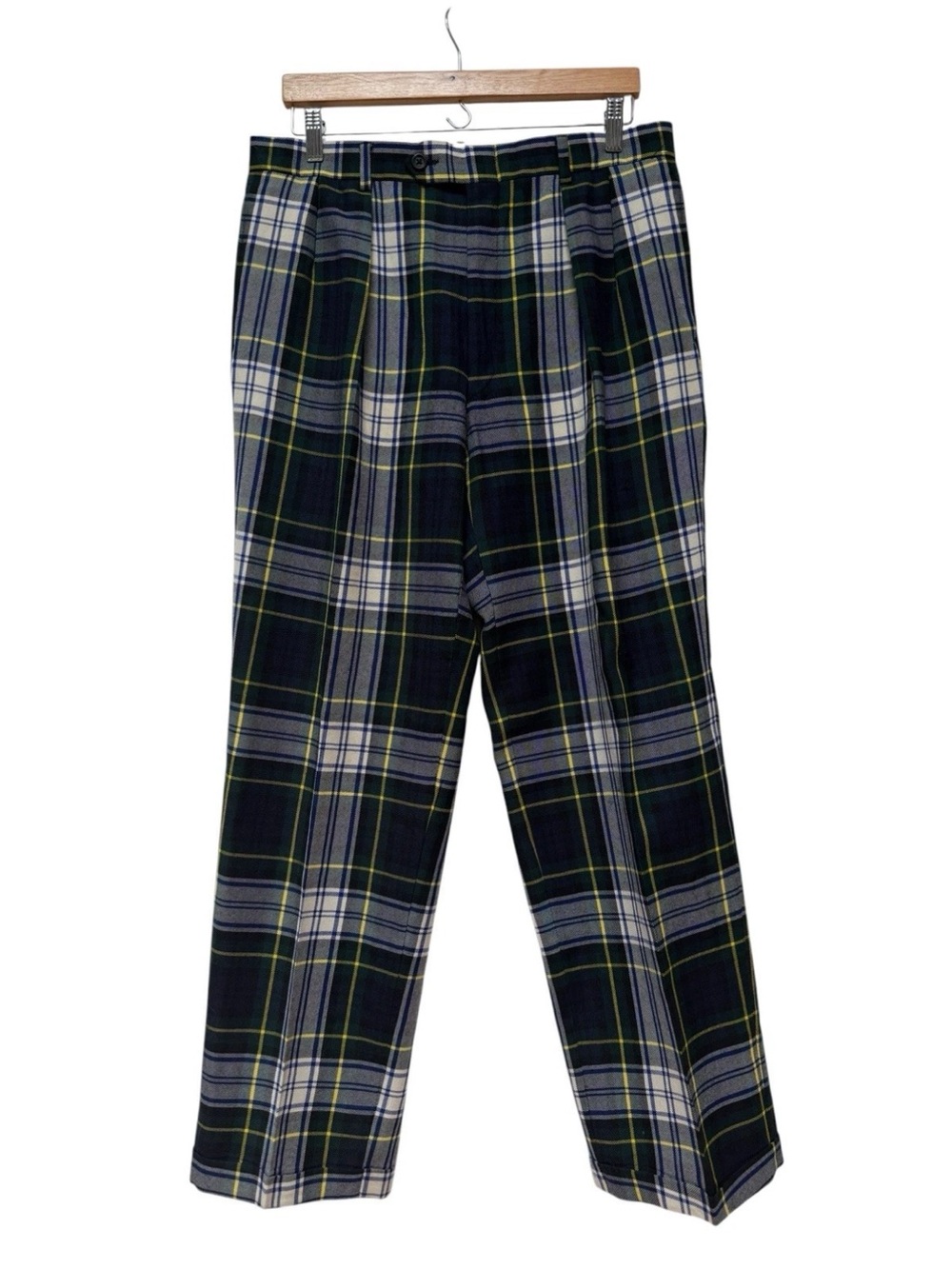Burberry London Black Green & White Plaid Wool Blend Trousers Sz 34